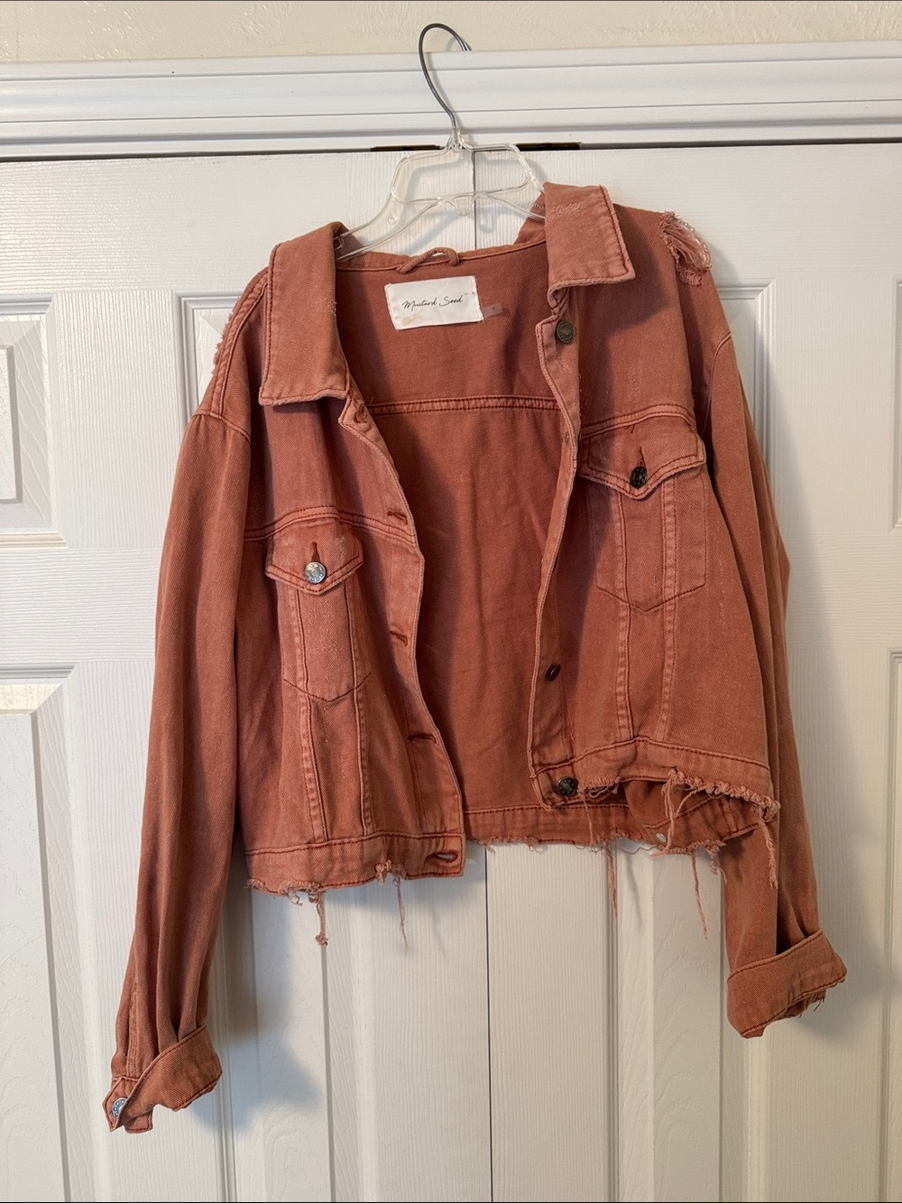 Rust-Pink Distressed Cropped Denim Jacket